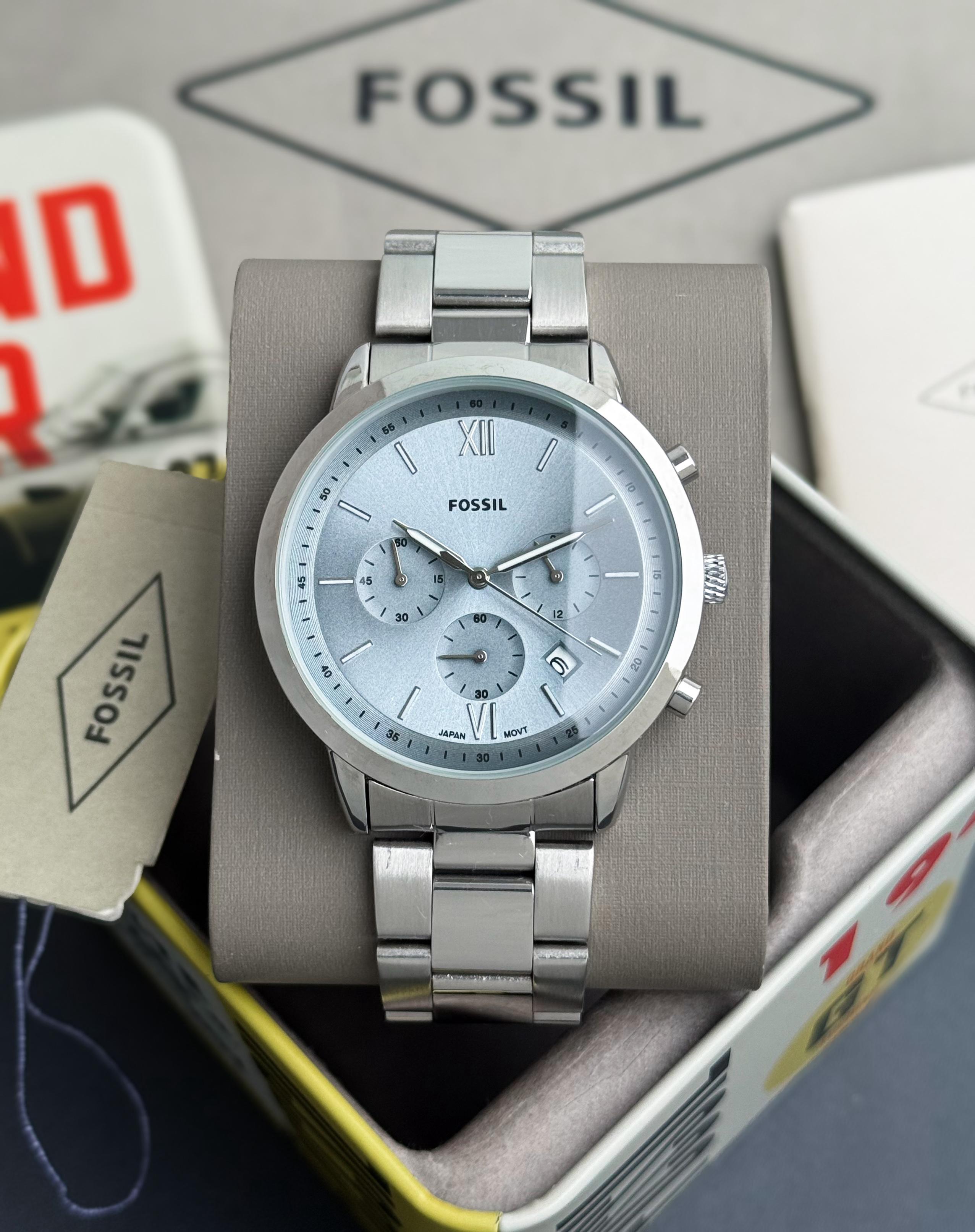 Fossil For men Steel case with blue dial silver bezel