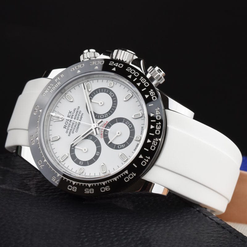 Rolex Daytona "Panda" 116500LN watch paired with  white rubber strap